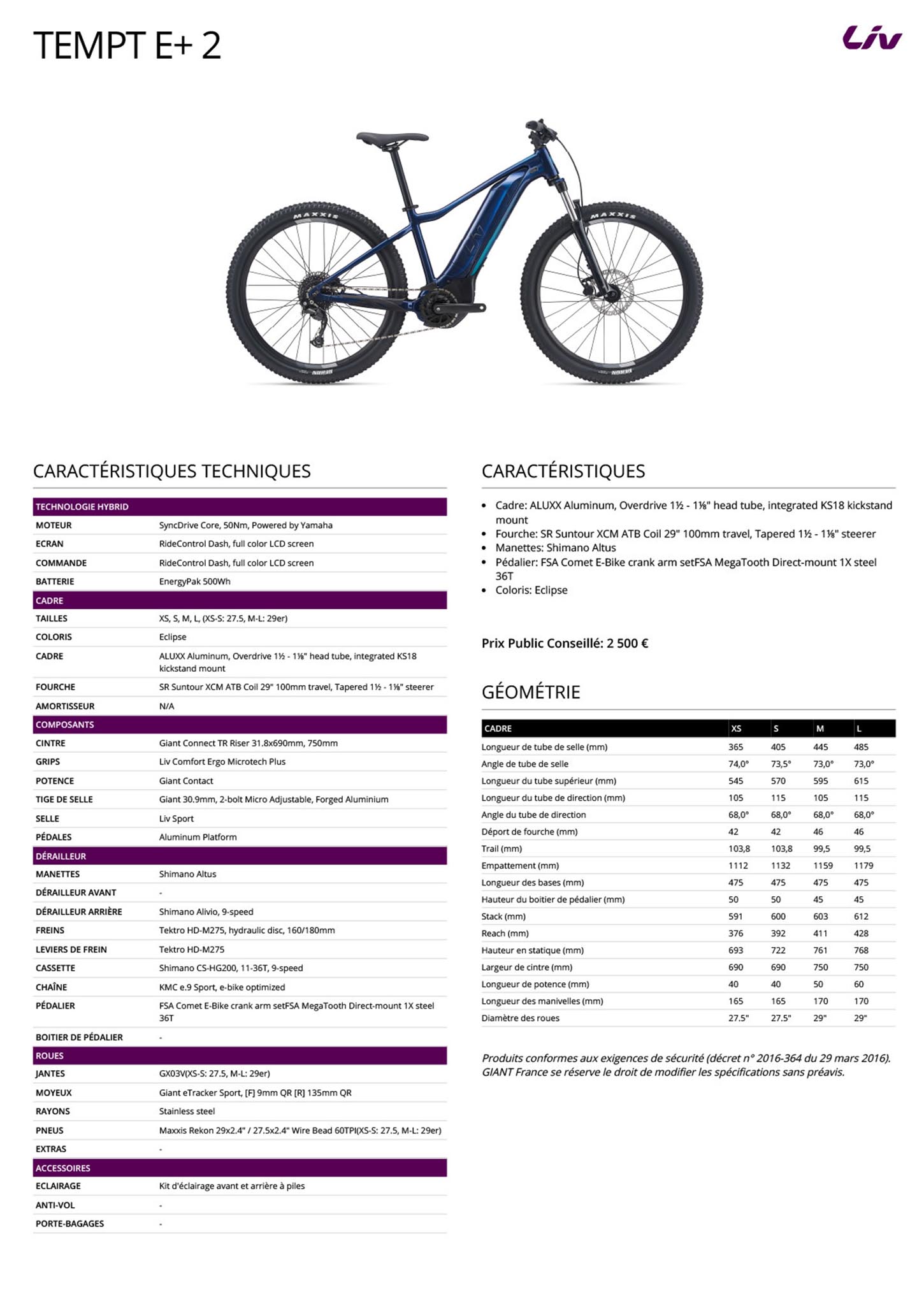 Fiche technique du velo Tempt E+ 2